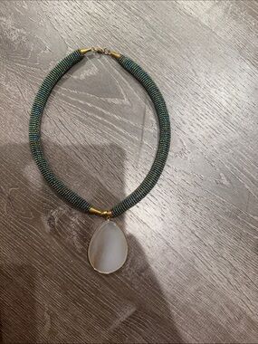 Green Beaded Rope Necklace with Frosted Teardrop Pendant